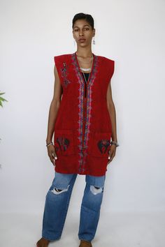 Carol Wilcher original denim vest with tribal art. Size Small 100% cotton Red Denim, Vintage Vest, Denim Vest, Size Small, Red, Art