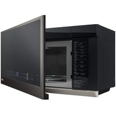 an open microwave oven with the door wide open