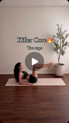 a woman is doing yoga on a mat in front of a potted plant with the words killer cone above her