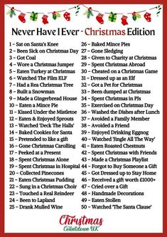 a christmas list with the words never have i ever christmas edition