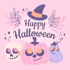 a happy halloween card with skulls, pumpkins and hats on it's face