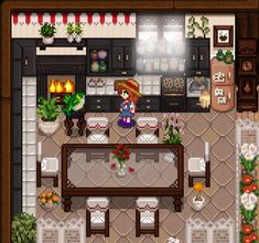 an overhead view of a living room and kitchen in pixel art style, with a woman standing at the dining table