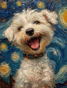 a painting of a white dog with his mouth open