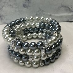 Lt Gray & Gray Pearl Glass Bead (8mm) Silver Resin Rondelle (4x8mm) Memory Wire Silver Plated Memory Wire Bead Ends Fits Up To 6 1/2 To 8 Inch Wrist The Bigger The Wrist The Less Layer Elegant Gray Beaded Bracelets, Silver Beaded Bracelets With Bling, Silver Bling Beaded Bracelets, Elegant Silver Beaded Bracelets With Bling, Elegant Gray Beaded Bracelets With Silver Beads, Easy Bracelets, Black Metal Bracelet, Jewelry Classy, Memory Wire Jewelry