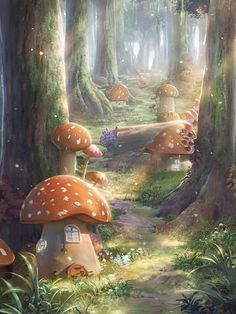 a painting of many mushrooms in the woods