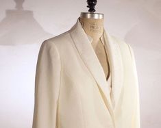 Shawl Collar Women's 3pc Tuxedos | Etsy White Notch Lapel Tuxedo, White Notch Lapel Tuxedo With Custom Fit, White Custom Fit Tuxedo With Notch Lapel, White Custom Fit Notch Lapel Tuxedo, Bespoke White Tuxedo For Semi-formal Occasions, Bespoke White Tuxedo For Semi-formal Events, White Fitted Tuxedo With Pressed Crease, Lesbian Wedding Suit, White Tuxedo