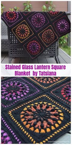 two pictures with the same color and pattern as well as text that reads stained glass lantern square blanket by tatslanda