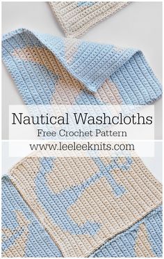 three crocheted hats with the words nautical washcloths written in white and blue