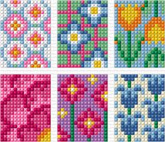 four different pictures of flowers made out of perfored plastic beads, each with an individual's own design