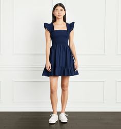 Meet the Nap Dress®.  It’s our signature garment; soft, comfortable, and pretty enough to wear all day and night. The Elizabeth is an A-line Nap Dress® with elasticated smocking, ruffled shoulders, a mini-length skirt (now two inches shorter), and pockets. It’s a shorter version of our bestselling Ellie Nap Dress®. Cotton Hill, Hill House Home, Nap Dress, Navy Blue Mini Dress, Preppy Dresses, Blue Summer Dresses, 4th Of July Outfits, Hill House, House On A Hill