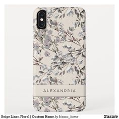 an iphone case with flowers on it and the name alexandria written in grey ink, is shown