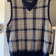 Navy And Gray Sweater Vest. New, Never Worn, Lambswool Casual Wool Vest, Classic Blue Sweater Vest For Winter, Classic Blue Winter Sweater Vest, Blue Wool Vest For Winter, Classic Blue Winter Vest, Gray Sweater Vest, Sweaters Men, Golf Sweater, Polo Ralph Lauren Sweater