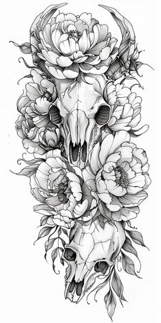 Tattoo Half Sleeve: Peonies and Animal Skull Peony With Skull Tattoo, Back Skull Tattoo Women, Flower Tattoo Sleeve Designs, Lotus Flower And Skull Tattoo, Tattoo Design Drawings Skull, Skull And Leaves Tattoo, Nature Tattoos Leg, Animal Skull Sleeve Tattoo, Skeletal Animal Tattoos