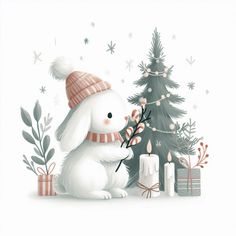 a white bunny holding a branch in front of a christmas tree with candles and presents