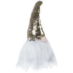 a white and gold gnome hat with long hair on it's head, sitting in front of a white background