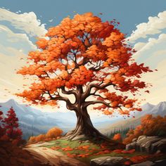 a painting of a tree with orange leaves on it's branches and mountains in the background