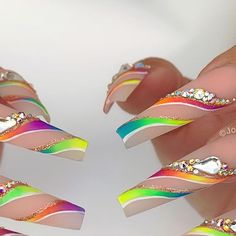 Class Nails, Jazzy Nails, Orange Acrylic Nails, Flame Nail Art, Pop Art Nails, Rainbow Nails Design, Multicolored Nails, Rainbow Nail, Tree Nails