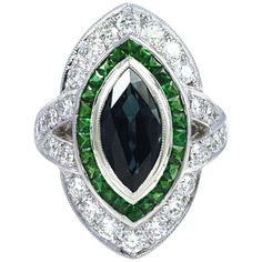 Marquise Blue Sapphire, Tsavorite, Diamond 1.24 Carat Ring in 18K Gold Settings Radiant Diamond Rings, Round Diamond Ring, Blue Sapphire Diamond, Diamond Ring Settings, Radiant Diamond, Diamond Star, Pretty Rings, Art Deco Inspired, Green Tourmaline