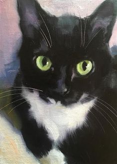 a painting of a black and white cat with green eyes looking directly at the camera