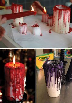 three different shots of candles with blood on them