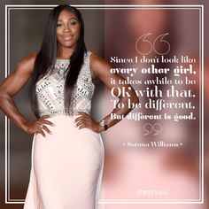 a woman in a pink dress with a quote from serena williams on the back ground