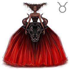 a drawing of a woman in a red dress with an animal head on it's back