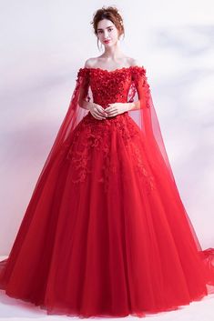 Buy Off Shoulder Lace Flower Red Wedding Formal Dress With Long Sleeves Train at wholesale price online. Free shipping and pro custom service since 2009. Fitted Floral Embroidered Ball Gown For Wedding, Red Fitted Tulle Gown, Fitted Lace Ball Gown For Spring, Fitted Ball Gown For Spring Wedding, Fitted Spring Wedding Ball Gown, Spring Wedding Ball Gown Fitted, Spring Wedding Lace Ball Gown, Formal Red Gown With Floral Embroidery, Red Prom Dress With Floral Embroidery