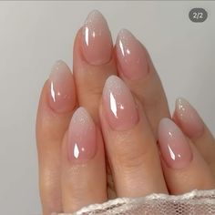 Glittery Almond French Tip, Short Clean Almond Nails, Gradient French Nails Almond, Pink And White Ombre Nails Sparkle Almond, Bridal Nails Ombre Glitter, Pink Acyrilics Nails Almond, Nude Sparkle Almond Nails, French Tip Dip Powder Nails Almond, Ombre Shimmer Nails