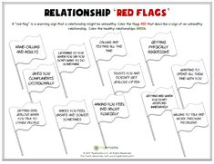 Red Flags! Help your teen learn to identify troubling behaviors to look out for in their relationship.  Find this worksheet and more helpful resources at www.mylemarks.com! #healthyrelationships #relationships #redflags #teens #mylemarks Inspirational Marriage Quotes, Relationship Worksheets, Teen Relationships, Relationship Activities, Friendship Skills, Relationship Red Flags, Relationship Therapy, Healthy Relationship Tips, Unhealthy Relationships