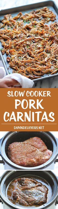 slow cooker pork carnitas recipe with text overlay