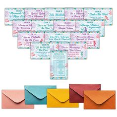 an assortment of envelopes with different designs and colors, including one for each letter