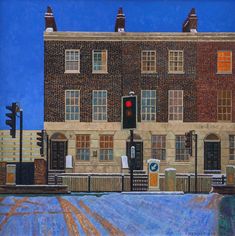 an oil painting of a building with a red traffic light in the foreground and snow on the ground