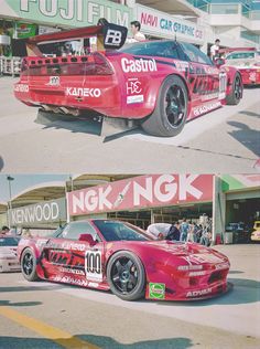 two pictures of cars parked in front of a building with advertisements on the side of them