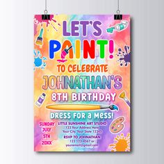 a birthday party poster with the words, let's paint to celebrate john nathan's 8th birthday