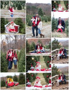 a collage of photos with people and christmas trees