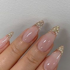 Glitter French Nails, Gold Acrylic Nails, 2023 Pink, Milky Nails, Nails Silver, Gold Prom, Nails Gold, Gold Nail, Her Nails