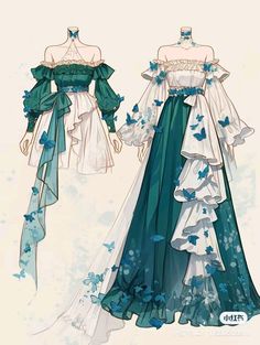 two dresses with blue flowers on them, one in white and the other in green