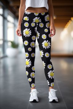 Built to flatter, these black high-waisted leggings feature a cute all-over daisy print that adds style and versatility for a sleek look. A wide comfy waistband together with a sturdy, smoothing, 4-way-stretchy fabric, make these floral yoga pants a workout wardrobe essential. Providing ultimate all-day comfort and a free range of movement, they are perfect for dancing, yoga, any level of workout as well as casual wear. Silky soft. Second skin feel. Durable sustainable material. Functional and s Mommy And Me Swimwear, Sporty Crop Top, Oopsy Daisy, High Waisted Black Leggings, Neon Dresses, Girls Lace Dress, Sport Bikinis, Mommy And Me Dresses, Girls Unique