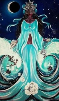 a painting of a woman with long hair and blue dress standing in the middle of water