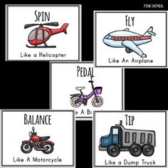 four pictures with different types of vehicles and words that describe the parts of an object