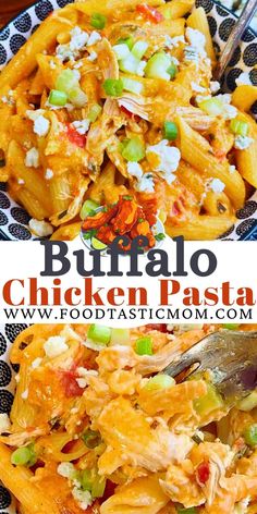 this is an image of a plate of pasta with chicken and vegetables on it, along with the words buffalo chicken pasta