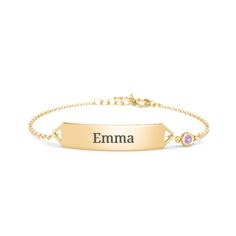 10K Yellow Gold Kids and Baby Engravable Bracelet with Birthstone and Amethyst (Simulated) Stone Engraved Bracelet, Name Bracelet, Custom Engraving, Or Rose, Birthstone, Amethyst, Yellow Gold, Bracelet, Stone