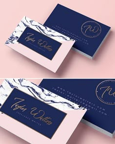 two business cards with gold foil on them and blue marble print, one for each card