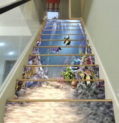 this is an image of a stair case with fish on the water and underwater scene