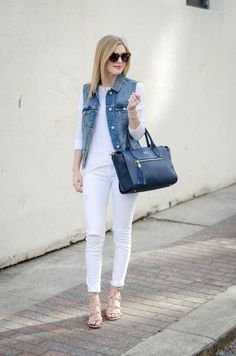 Denim Vest Outfit, White Denim Vest, Denim Vests, Bike Photoshoot, Womens Fashion Casual Outfits, Elegante Casual, Vest Outfits