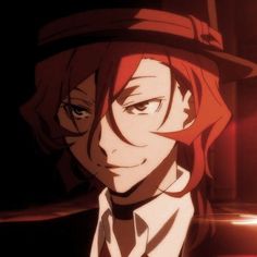 an anime character with red hair wearing a fedora and tie, looking at the camera