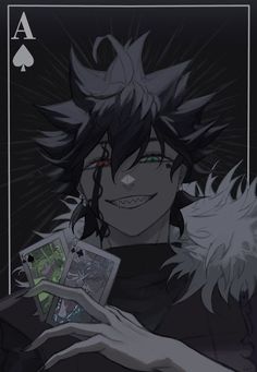 an anime character holding cards in his hands