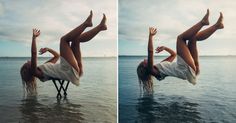 two pictures of a woman doing a handstand in the water with her legs up