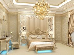 a fancy bedroom with white walls and gold furniture, chandelier above the bed