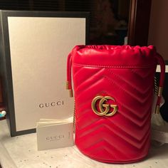 Measurements Are Approximate: Mini Size: Dimensions: 5.5" W 6.7 " H 5.1" D Chain Strap With Approx. 23.6" Drop Can Also Be Worn As A Cross Body Bag Made In Italy New, Never Fully Unpacked, Never Used! Gucci Gg Marmont Matelasse, Hibiscus Red, Mini Bucket Bag, Mini Bucket Bags, Mini Bucket, Gucci Gg Marmont, Gg Marmont, Cross Body Bag, Leather Mini